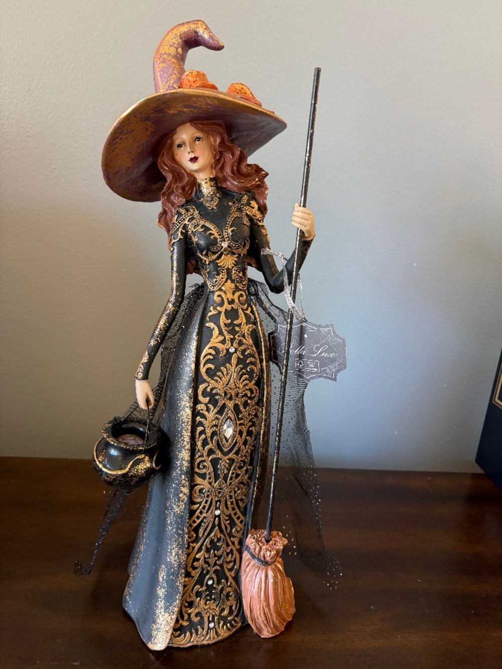 Bella Lux Halloween Witch Figurine Statue Black Gold Damask Dress Cauldron Broom